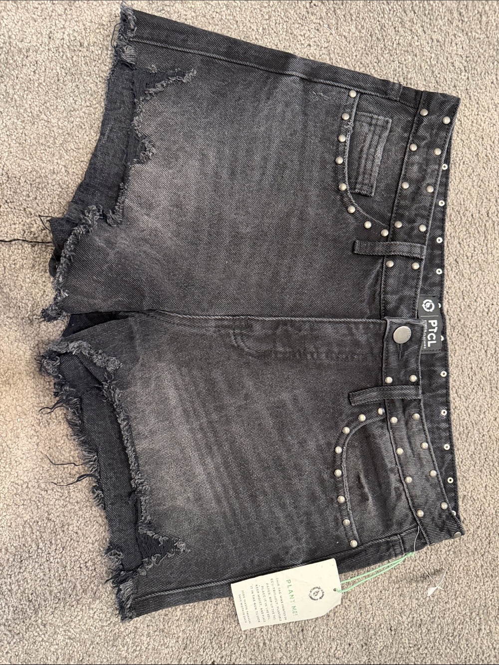 PTCL Women's Washed Black Distressed Denim Shorts with Stud Trim